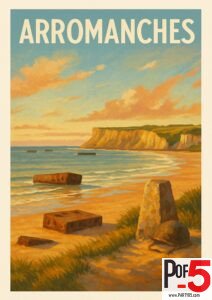 Vintage Arromanches travel poster showing Normandy’s coastline, Mulberry Harbor remains, golden cliffs, and a soldier’s helmet on the beach at sunset.