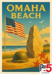 Vintage Omaha Beach travel poster featuring an American flag, soldier’s helmet, memorial stone, and shoreline of Normandy under a bright sky.