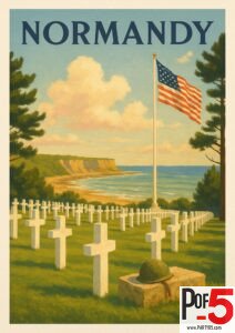 Vintage Normandy travel poster depicting the American Cemetery above Omaha Beach with white crosses, a U.S. flag, and a soldier’s helmet resting on a stone marker.