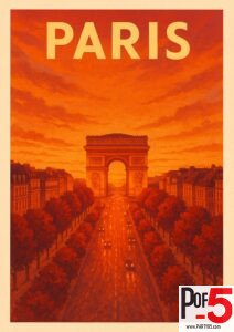 Vintage travel poster of the Arc de Triomphe in Paris at sunset, overlooking the Champs-Élysées glowing in warm orange light.