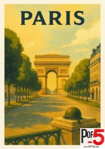 Vintage Paris travel poster showing the Arc de Triomphe on a quiet Champs-Élysées at sunrise with a soldier’s helmet resting on a stone railing.