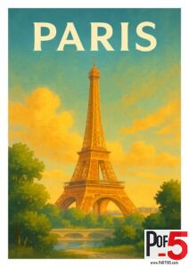 Retro-style Paris travel poster featuring the Eiffel Tower glowing in warm golden sunset tones with trees in the foreground.