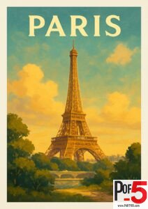 Vintage Paris travel poster featuring the Eiffel Tower at sunset surrounded by lush green trees.