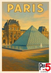 Vintage Paris travel poster featuring the Louvre Museum and its iconic glass pyramid at sunset.