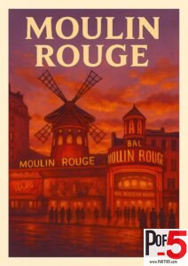 Vintage Moulin Rouge travel poster showing the iconic red windmill and glowing cabaret lights in Montmartre at sunset.
