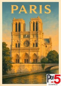 Vintage Paris travel poster depicting Notre-Dame Cathedral glowing in the warm sunset light beside the Seine River.