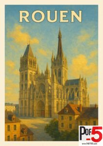 Vintage-style poster of Rouen Cathedral in Normandy, France, illuminated by warm sunlight with surrounding historic buildings.