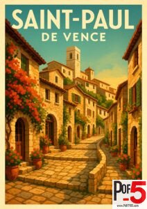 Vintage-style travel poster of Saint-Paul-de-Vence showing a sunlit stone alley lined with potted flowers, ivy-covered houses, and hillside village architecture in the south of France.
