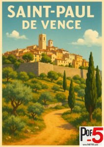 Illustrated travel poster of Saint-Paul-de-Vence showing a hilltop medieval village, stone ramparts, cypress trees, olive groves, and a sunny blue sky in Provence, France.