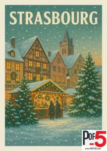 Vintage Strasbourg Christmas market poster with timber-frame houses, decorated trees, snow falling, and festive wooden stalls in Alsace, France