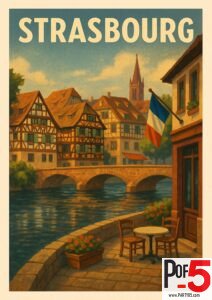 Vintage-style Strasbourg travel poster featuring half-timbered houses, a stone bridge, the French flag, and a peaceful riverside café scene at sunset.