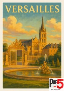 Vintage Versailles travel poster featuring the ornate golden gates, cathedral spire, palace buildings, and a classical fountain under a warm golden sky.