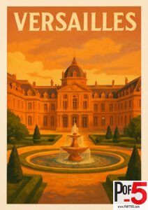 Vintage-style Versailles travel poster featuring the Château de Versailles at sunset with a central tiered fountain and manicured French gardens.