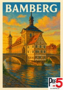 Vintage Bamberg travel poster showing the Old Town Hall (Altes Rathaus) over the Regnitz River at sunset, colorful sky, half-timbered houses, and medieval Bavarian architecture.