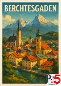 Vintage-style Berchtesgaden travel poster showing the Bavarian alpine town with churches, red-roofed houses, and the dramatic Watzmann mountain in the background.