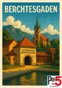 Vintage Berchtesgaden travel poster featuring the Salzbergwerk salt mine entrance, alpine church, and Bavarian mountains in warm sunset colors.