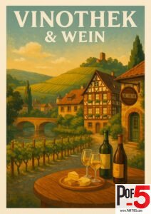Vintage travel poster of Bernkastel-Kues in Germany showing a Vinothek wine tavern, vineyard landscape, half-timbered houses, river bridge, and wine with cheese on a table.
