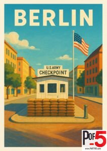 Vintage Berlin Checkpoint Charlie poster featuring U.S. Army guardhouse, sandbags, American flag, and surrounding city buildings in retro travel art style.
