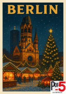 Vintage-style illustration of Berlin’s Kaiser-Wilhelm-Gedächtniskirche during winter, with Christmas market stalls, festive lights, and a large illuminated Christmas tree.