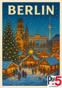Vintage travel poster of Berlin Christmas Market with illuminated wooden stalls, Christmas tree, snowfall, Brandenburg Gate, Kaiser Wilhelm Memorial Church, and Berlin TV Tower at night