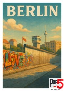 vintage Berlin Wall travel poster with colorful LOVE graffiti, concrete wall, guard tower, and Berlin TV Tower in the background