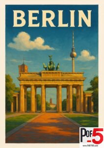 Vintage Berlin travel poster showing the Brandenburg Gate and the Berlin TV Tower under a bright blue sky with soft clouds.