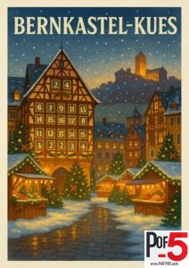 Vintage-style illustration of the Bernkastel-Kues Christmas market with illuminated timber-frame houses, snow-covered stalls, Christmas trees, and castle ruins glowing on the hill at dusk.