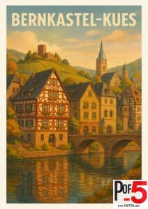 Vintage travel poster of Bernkastel-Kues, Germany, featuring half-timbered houses, a stone bridge over the Moselle River, hillside vineyards, and castle ruins at sunset.