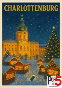 Vintage travel poster of Charlottenburg Palace at night during the Berlin Christmas Market, with glowing wooden stalls, snow, and a decorated Christmas tree.