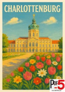 Vintage travel poster of Charlottenburg Palace in Berlin, featuring colorful spring tulips and flowers in full bloom along a garden pathway leading to the historic baroque palace.