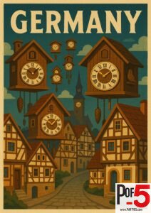 Vintage travel poster of Germany featuring large wooden cuckoo clocks floating above a traditional timber-frame village inspired by the Black Forest.