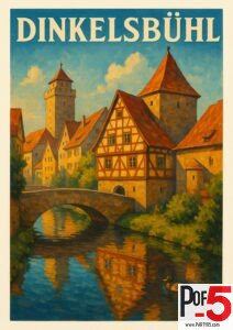Vintage Dinkelsbühl travel poster featuring medieval Bavarian houses, stone bridge, river reflections, and historic tower.