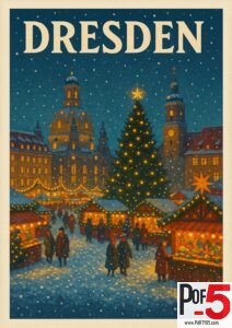 Vintage Dresden Christmas Market poster featuring the Frauenkirche, festive wooden stalls, glowing holiday lights, and falling snow in a charming winter night scene.