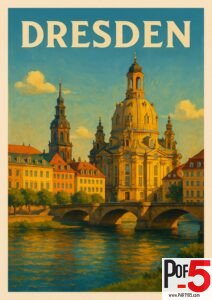 Vintage Dresden travel poster featuring the Frauenkirche, historic skyline, and Elbe River bridge in warm sunset tones