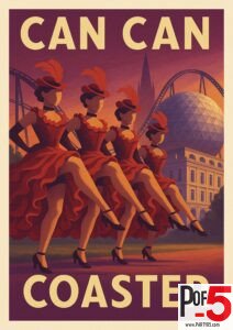 Vintage travel poster of Europa-Park’s Can Can Coaster with can-can dancers performing in front of the roller coaster and the illuminated sphere at sunset