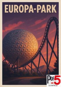 Vintage-style Europa-Park poster showing a glowing geodesic sphere and a roller coaster track at sunset with warm purple and orange skies.