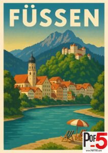 Vintage-style Füssen travel poster featuring the Bavarian Alps, colorful historic houses along the river, and Hohenschwangau Castle on a forested hilltop.