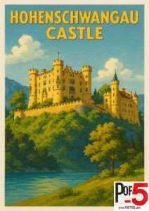 Vintage travel poster of Hohenschwangau Castle overlooking the Bavarian Alps and a lakeside forest near Füssen, Germany.