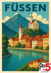 Vintage Füssen travel poster featuring Neuschwanstein Castle on a mountain ridge above the colorful Bavarian town and river, illustrated in classic retro style.