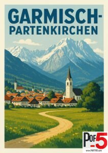 Vintage travel poster of Garmisch-Partenkirchen featuring a Bavarian village with red-roofed houses, alpine church towers, and the snow-capped Alps in the background.