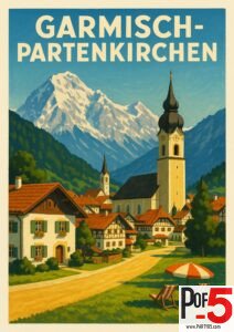 Vintage travel poster of Garmisch-Partenkirchen showing a Bavarian alpine village with red-roofed houses, a tall church tower, and snow-capped mountains in the background.