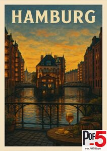 Vintage Hamburg travel poster featuring the Speicherstadt district at sunset with warm lights reflecting on the canals, bridges, and a cozy table with beer and cheese in the foreground.