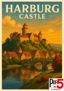 Vintage travel poster of Harburg Castle in Germany, featuring a medieval hilltop fortress, red-roofed houses, stone bridge, and warm sunset colors.