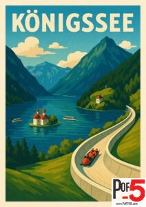 Vintage travel poster of Königssee in Germany, showing St. Bartholomew’s Church on the lake, alpine mountains, and a bobsled track with riders descending the hillside.