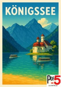 Vintage Königssee travel poster featuring St. Bartholomä Church on the lake with boats and the Bavarian Alps in the background.