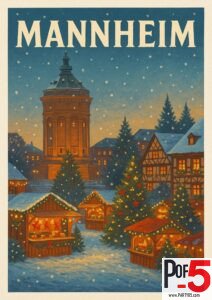 Vintage travel poster of Mannheim Christmas Market featuring the illuminated Wasserturm, snow-covered timber-frame houses, glowing holiday stalls, and Christmas trees during a snowy winter evening.