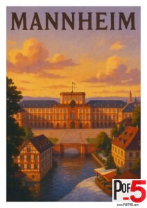 Vintage travel poster of Mannheim Germany showing Mannheim Palace at sunset with warm golden clouds, historic buildings, and river scene.