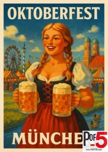 Vintage Oktoberfest München poster featuring a smiling Bavarian woman in a dirndl holding two beer steins, with festival tents and Ferris wheel in the background.
