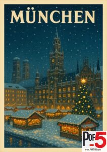 Vintage Munich Christmas market poster showing Marienplatz, the New Town Hall, snow-covered stalls, twinkling lights, and a glowing Christmas tree.
