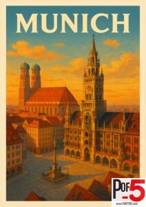 Vintage-style Munich travel poster showing Marienplatz and the Neues Rathaus with its clock tower, glowing in warm sunset light, with the Frauenkirche domes in the background.